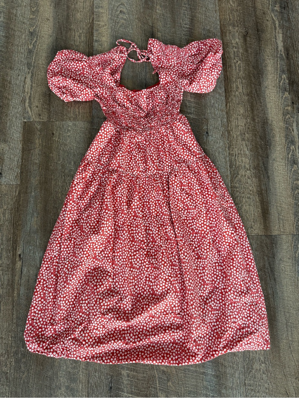 Anthropologie Red and White Floral Smocked Dress